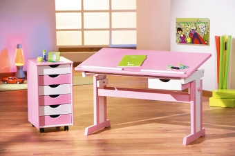 Interlink Kinder Schreibtisch Cecilia - Schülerschreibtisch weiss - rosa höhenverstellbar